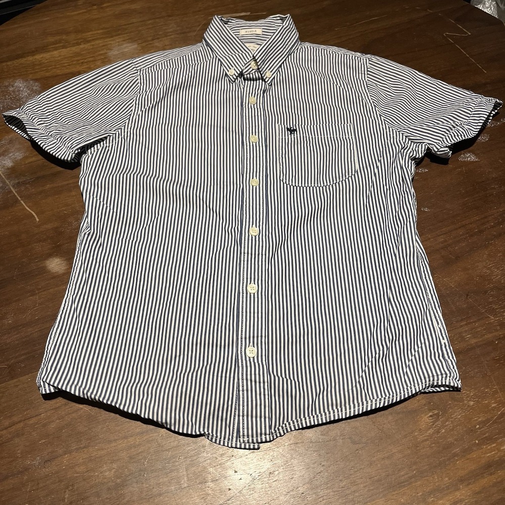 Abercrombie & Fitch Oxford Button Down Shirt Mens S Muscle White Blue Striped - Picture 2 of 11